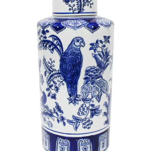 Tibor de porcelana estampado aves azules de 15.8×15.8×35.5cm