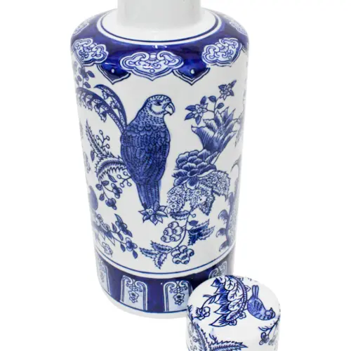 Tibor de porcelana estampado aves azules de 15.8×15.8×35.5cm