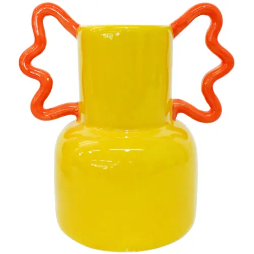 Florero de ceramica amarillo con agarradera naranja de 21.1×14.4x22cm