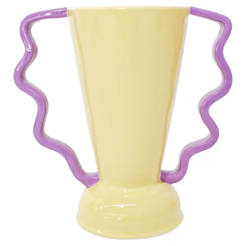 Florero de ceramica amarillo con agarradera morada de 19.8×11.1×20.5cm