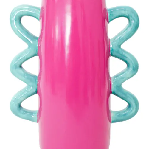 Florero de ceramica rosa con agarradera azul turquesa de 22.1×12.6x27cm