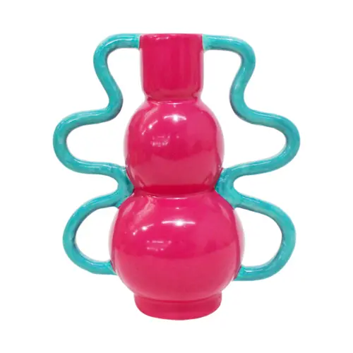 Florero de ceramica rosa con agarradera azul turquesa de 17.5x10x20.3cm