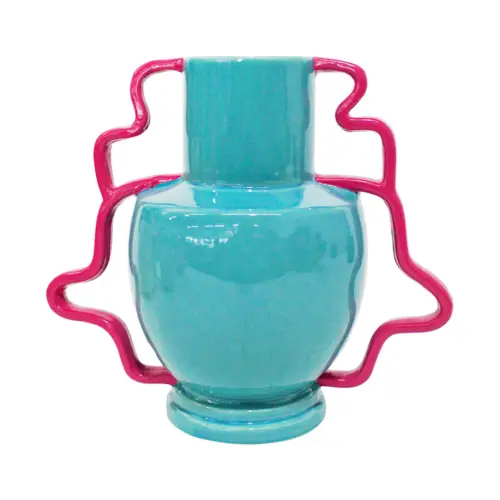 Florero de ceramica azul turquesa con agarradera roja de 26.3x15x23.2cm