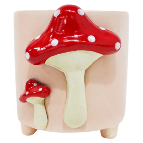 Maceta de ceramica durazno con hongo rojo de 15.8×13.5×14.6cm