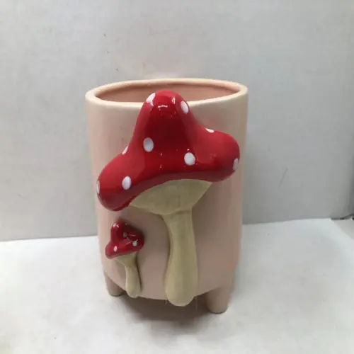 Maceta de ceramica durazno con hongo rojo de 19.7×16.7×18.2cm