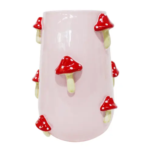 Florero de ceramica rosa con hongos rojos de 19.5×19.2×26.2cm