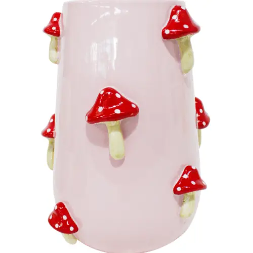 Florero de ceramica rosa con hongos rojos de 22.5×22.5x30cm