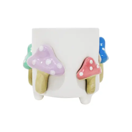 Maceta de ceramica blanca con hongos de colores de 13x15x11cm