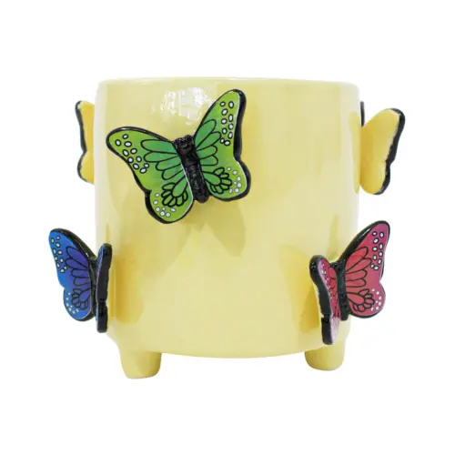 Maceta de ceramica amarilla con mariposas en relieve de colores de 17.2×14.5cm
