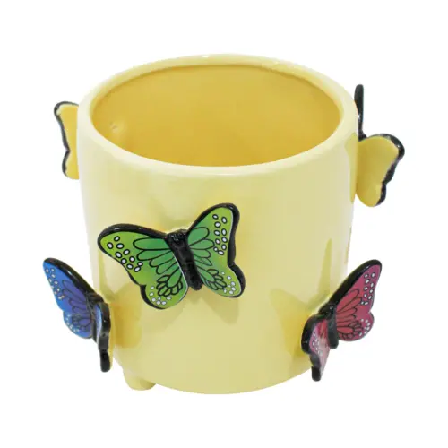 Maceta de ceramica amarilla con mariposas en relieve de colores de 17.2×14.5cm