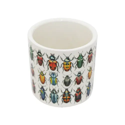 Maceta de ceramica beige con escarabajos de 7x7cm