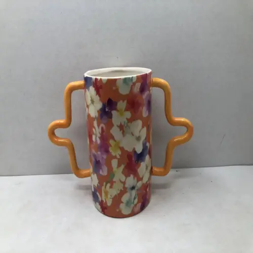 Florero de ceramica estampado flores con agarraderas naranja de 29×12.9×20.9cm
