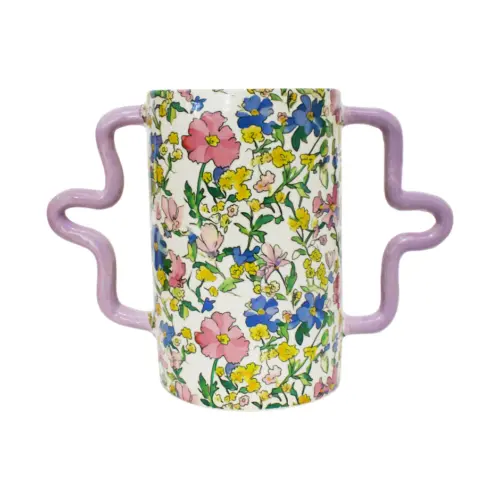 Florero de ceramica estampado flores con agarraderas lila de 29×12.9×20.9cm