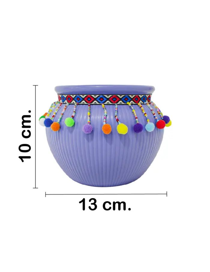 Maceta de ceramica azul con borlas de colores en la orilla de 12x9.5cm - Image 2