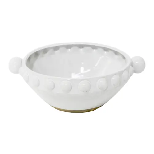 Bowl de porcelana blanca con agarraderas y bolitas en las orilla de 31×25.8x11cm