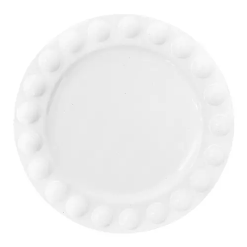 Plato de porcelana blanca con bolitas en la orilla de 25x25x2.9cm