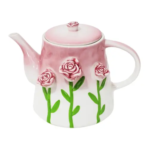Tetera de porcelana blanca con diseño flores rosas de 21.8x15x15cm