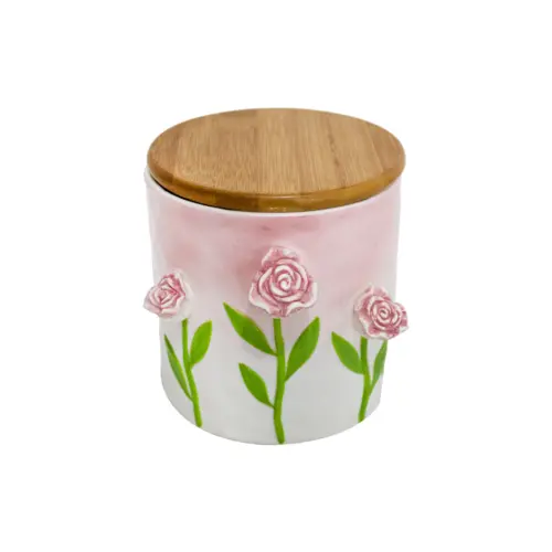 Galletero de porcelana con tapa de madera diseño flores rosas de 11x9x8.9cm