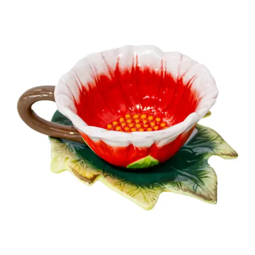 Taza con plato diseño hoja y flor naranja con blanco de 16.2x12x5.9cm