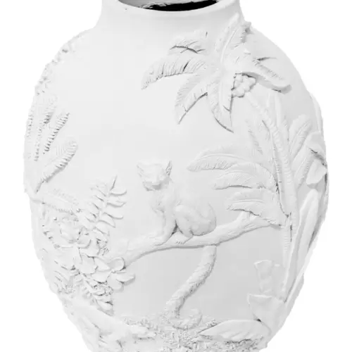 Jarrón de poliresina con relieve blanco diseño tropical de 41.5×41.5×55.5cm