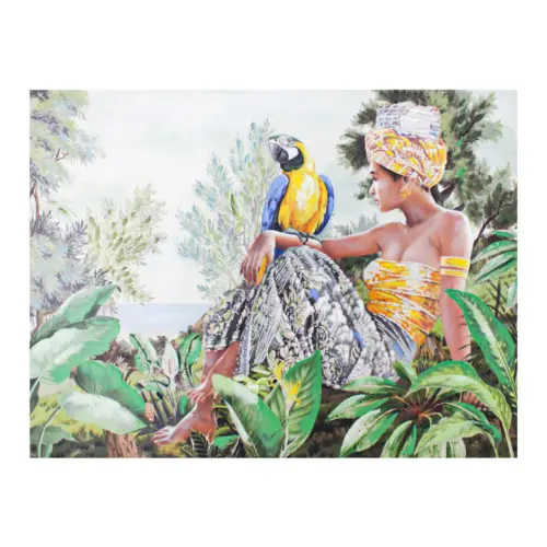 Cuadro diseño mujer sentada con guacamaya en selva de 90x120x3cm