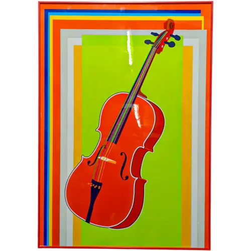 Cuadro diseño violonchelo con fondos verdes brillantes de 70x100cm