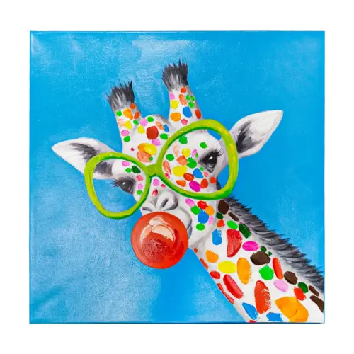 Cuadro diseño jirafa con lentes verdes y fondo azul de 80x80cm