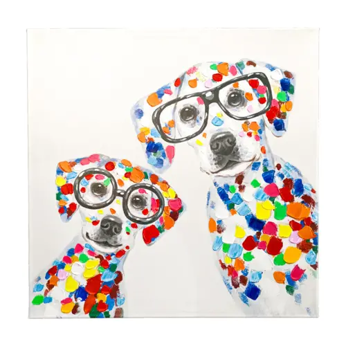 Cuadro diseño perros dálmata de colores con lentes negros y fondo blanco de 80x80cm