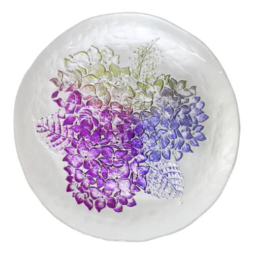 Plato de cristal con flores moradas verdes y rosa de 32cm