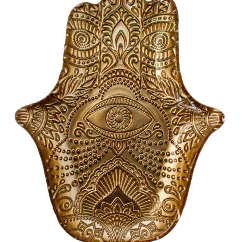 Mano de Fátima de vidrio dorado con turquesa de 23cm