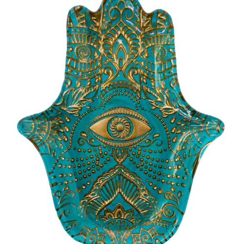 Mano de Fátima de vidrio turquesa opaco con dorado metalizado de 23cm