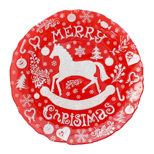 Plato de vidrio navideño rojo con detalles plateados de 32cm