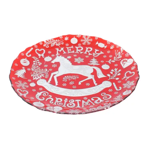 Plato de vidrio navideño rojo con detalles plateados de 32cm