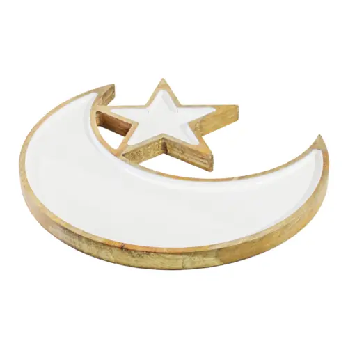 Base de madera con metal diseño luna con estrella blanco de 40.5×40.5x3cm