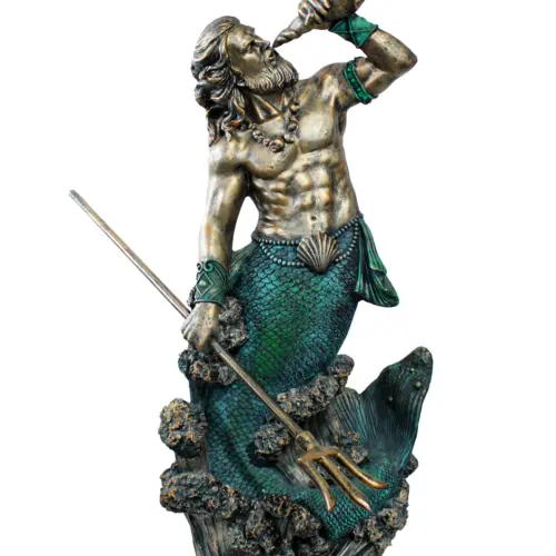 Escultura de Poseidón con lanza soplando caracola de poliresina de 55x38x132cm