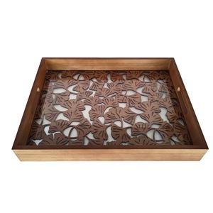 Charola de madera con diseño de flores tipo abanico de 40x30x1.5cm