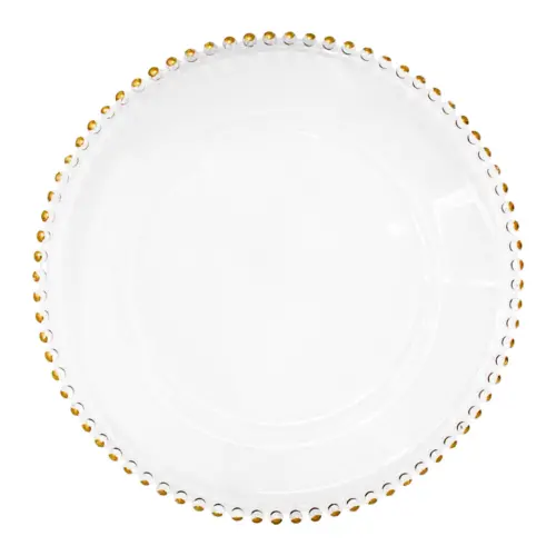 Plato de presentación de acrílico transparente con bolas en la orilla doradas de 32x32x3cm