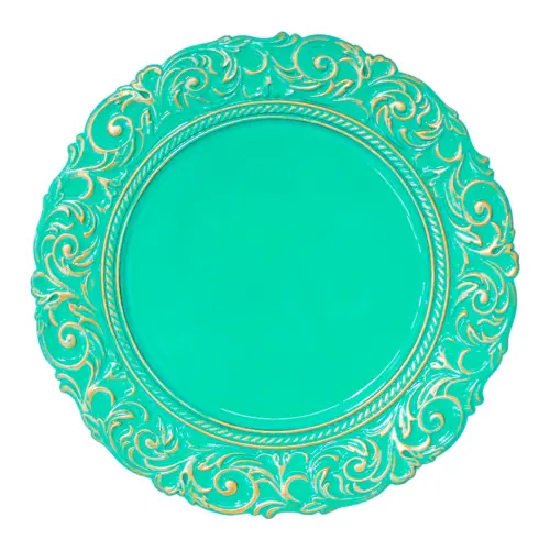 Plato de presentación verde con dorado y grecas en la orilla de 33cm