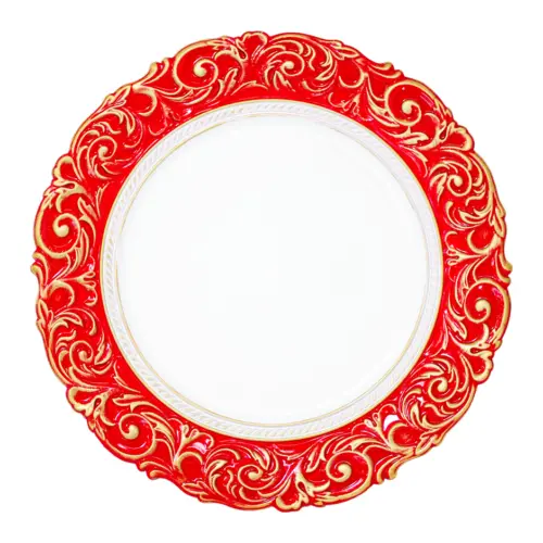 Plato de presentación rojo con blanco y grecas en la orilla de 33cm