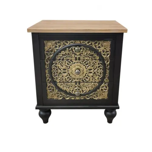 Buro de madera MDF negro con 3 cajones y detalles dorados de 50x36x60cm