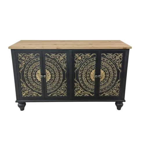 Comoda de madera MDF negra de 4 puertas y detalles dorados de 120x40x74cm