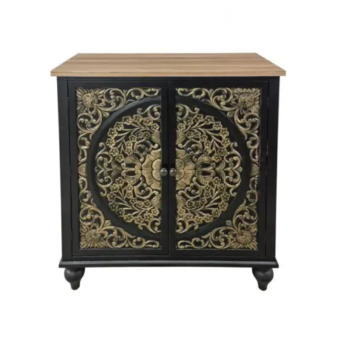 Comoda de madera MDF negra de 2 puertas y detalles dorados 80x36x90cm