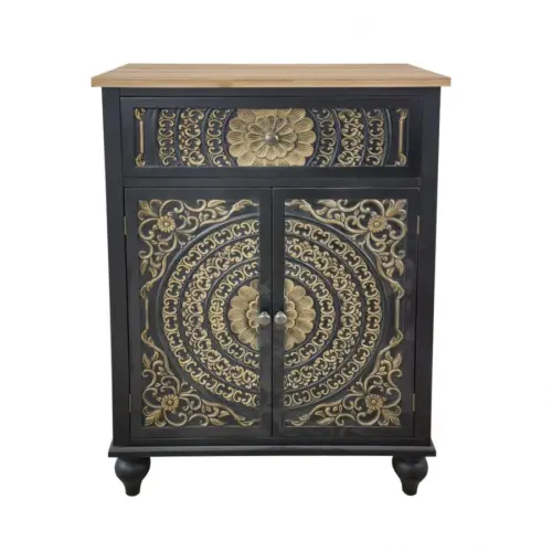 Comoda de madera MDF negra con 1 cajón y 2 puertas y detalles dorados de 70x36x101cm