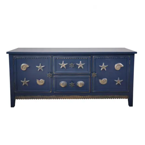 Comoda de madera MDF azul con 2 cajones y 2 puertas diseño marinos de 120x36x56cm