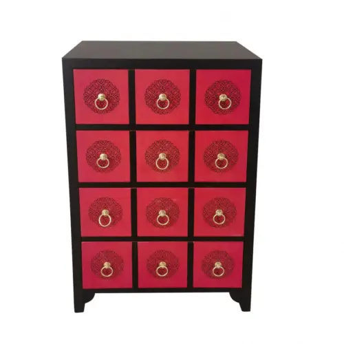 Comoda de madera MDF roja con negro y 4 cajones con argollas de 66x38x96.5cm