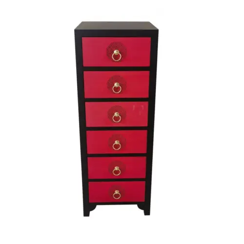 Comoda de madera MDF roja con negro y 6 cajones con argollas 40x38x110.5cm