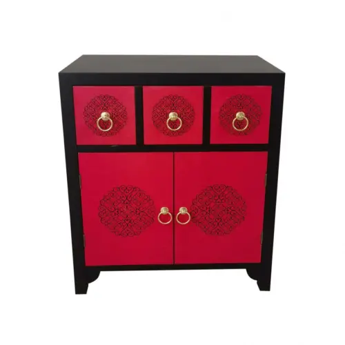 Comoda de madera MDF roja con negro con 1 cajon y 2 puertas con argollas de 62x38x70.5cm