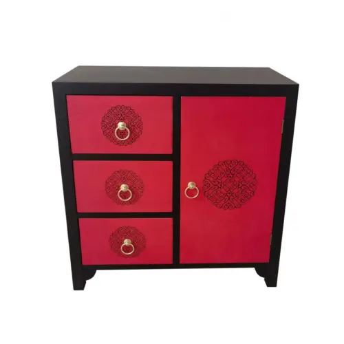 Comoda de madera MDF roja con negro con 3 cajones y 1 puerta con argollas de 70x38x70.5cm