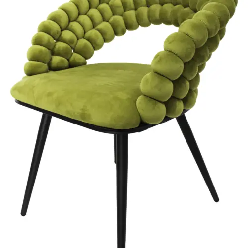 Silla de terciopelo verde diseño belly con respaldo de circulos de 60×60.5×77.5cm