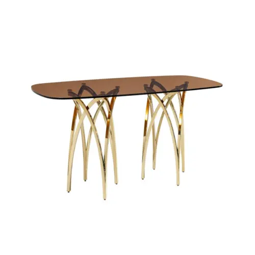 Mesa de cristal templado champán de acero inoxidable dorado de 12 mm de 220x100x75cm